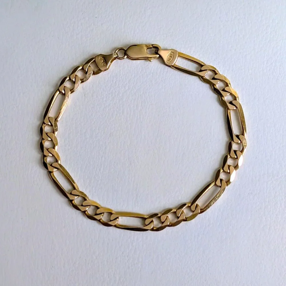 Vintage Italy Designer Unisex Solid 14K Yellow Gold Figaro Link Chain Bracelet